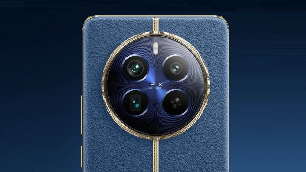  Realme 13 Pro Series 5G AI photography sample with four rear cameras in a circular housing with a gold accent, and a blue vegan leather back.